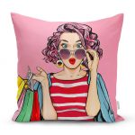 Pembe Zeminli Popart Desenli Dekoratif Yastık Kırlent Kılıfı Realhomes