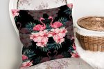 - realhomesK3314-1 - Realhomes  Siyah Zeminde Lilyum ve Flamingo Özel Tasarım Yastık Kırlent Kılıfı Realhomes