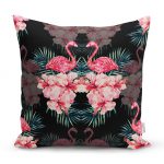 - realhomesK3314 - Realhomes  Siyah Zeminde Lilyum ve Flamingo Özel Tasarım Yastık Kırlent Kılıfı Realhomes
