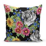 - realhomesK3318 - Realhomes  Siyah Zeminde Leopar ve Çiçekler Özel Tasarım Yastık Kırlent Kılıfı Realhomes