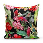 - realhomesK3320 - Realhomes  Siyah Zeminde 3D Tropikal Papağanlar Modern Yastık Kırlent Kılıfı Realhomes