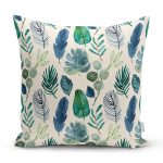 - realhomesK3335 - Realhomes  Pudra Zeminde Suluboya Yapraklar Tasarımlı Dekoratif Yastık Kırlent Kılıfı Realhomes