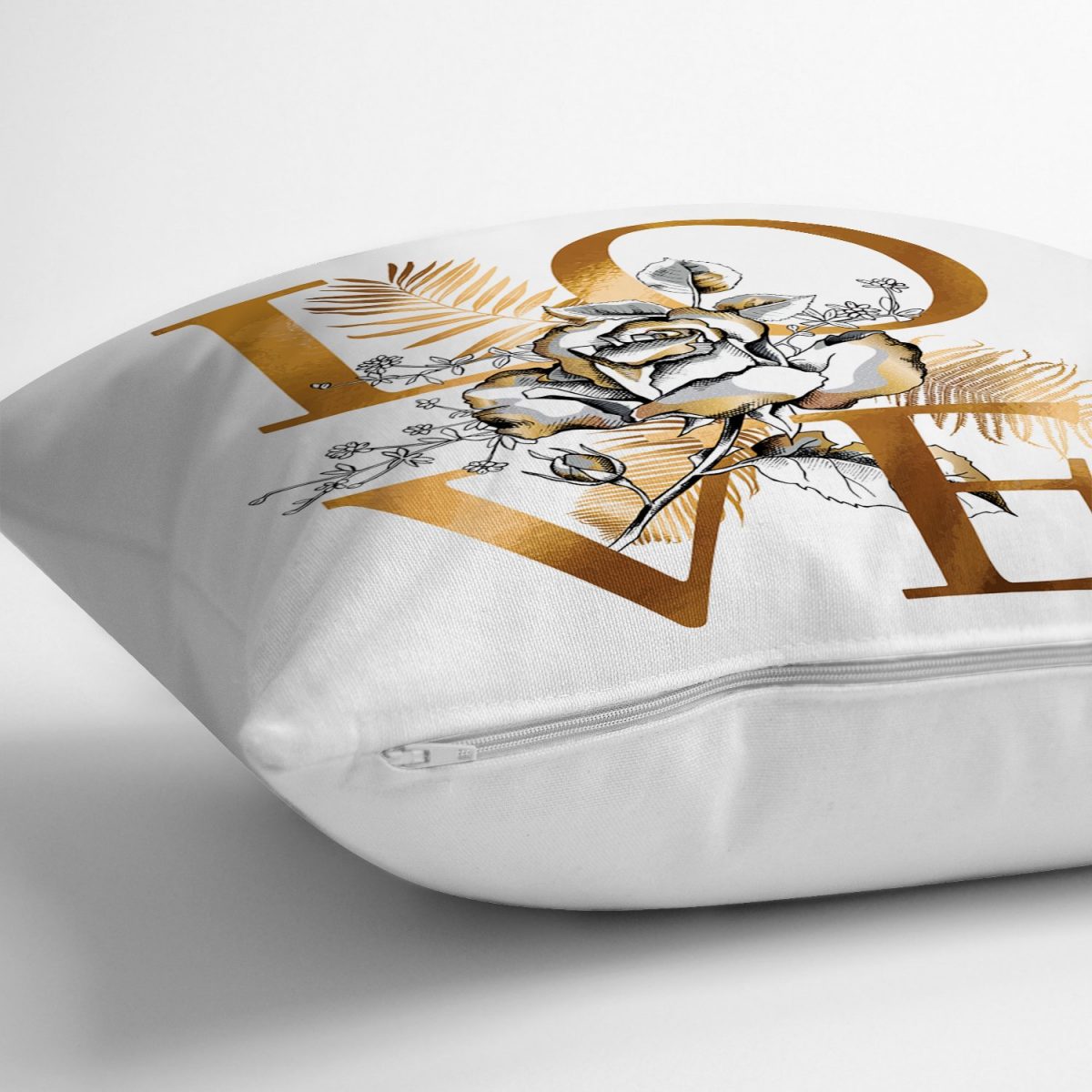 Altın Varaklı Love Tasarımlı Modern Dekoratif Yastık Kırlent Kılıfı Realhomes
