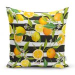 - realhomesK3355 - Realhomes  Çizgili Siyah Zeminli Limon Desenli Dekoratif Yastık Kırlent Kılıfı Realhomes
