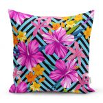 - realhomesK3366 - Realhomes  Mavi Geometrik Zeminli Çiçekler Modern Tasarım Yastık Kırlent Kılıfı Realhomes