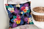 - realhomesK3372-1 - Realhomes  Siyah Zeminde Rengarenk Çiçekler Tasarımlı Dekoratif Yastık Kırlent Kılıfı Realhomes
