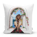 - realhomesK3383 - Realhomes Mutluluk Manzarası Suluboya Çizimli Özel Tasarım Dekoratif Yastık Kırlent Kılıfı Realhomes