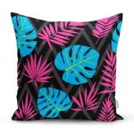 - realhomesK3392 - Realhomes  Siyah Zeminde Pempe Mavi Zambak Desenli Modern Yastık Kırlent Kılıfı Realhomes