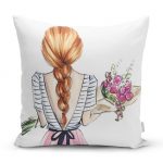 - realhomesK3396 - Realhomes Çiçekli Kız Çizimli Modern Dekoratif Yastık Kırlent Kılıfı Realhomes