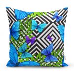 - realhomesK3461 - Realhomes Geometrik Zeminli Mavi Kelebek Baskılı Yastık Kırlent Kılıfı Realhomes