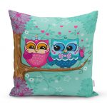 - realhomesK3559 - Realhomes  Ağaçta Sevimli Baykuşlar Modern Tasarım Dijital Baskılı Yastık Kırlent Kılıfı Realhomes