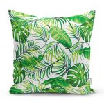 - realhomesKyaprak1 - Realhomes  Beyaz Zeminde Yeşil Yapraklar Tasarımlı Modern Yastık Kırlent Kılıfı Realhomes