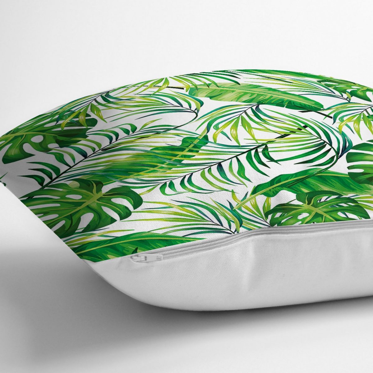Beyaz Zeminde Yeşil Yapraklar Tasarımlı Modern Yastık Kırlent Kılıfı Realhomes