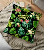 - yerminderi-YER-2038 - Realhomes  Siyah Zemin Yapraklar Özel Tasarım Yer Minderi - 70 x 70 cm Realhomes