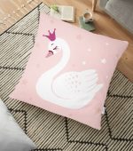 - yerminderi-YER-2143 - Realhomes Pembe Zeminli Kuğu Desenli Dijital Baskılı Yer Minderi - 70 x 70 cm Realhomes