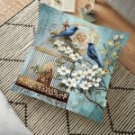 Gri Zeminli Yaprak Desenli Dijital Baskılı Dekoratif Yer Minderi - 70 x 70 cm Realhomes