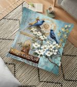 - yerminderi-YER-224 - Realhomes  Mavi Kuş Desen Dijital Baskılı Dekoratif Yer Minderi - 70 x 70 cm Realhomes