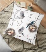 Kuşlar ve Dal Desenli Dekoratif Yer Minderi - 70 x 70 cm Realhomes