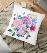 - yerminderi-YER-2398 - Realhomes  Lila Renk Demet Zambak Motifli Dekoratif Yer Minderi - 70 x 70 cm Realhomes