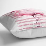 - yerminderi-YER-2464-1 - Realhomes  Pudra Çizgi Desenli Flamingo BAskılı Dekoratif Yer Minderi - 70 x 70 cm Realhomes