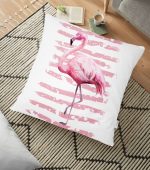 - yerminderi-YER-2464 - Realhomes  Pudra Çizgi Desenli Flamingo BAskılı Dekoratif Yer Minderi - 70 x 70 cm Realhomes