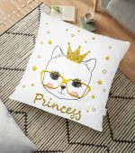 - yerminderi-YER-2471 - Realhomes  Princess Kedi Motifli Modern Dijital Baskılı Yer Minderi - 70 x 70 cm Realhomes