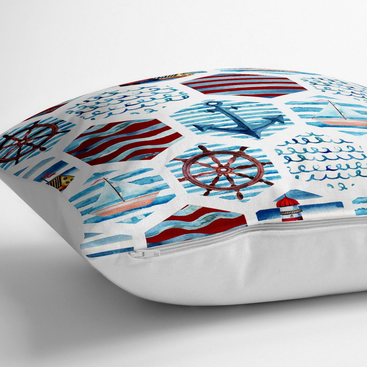 Bordo Mavi Denizci Motifli Dijital Baskılı Yer Minderi - 70 x 70 cm Realhomes