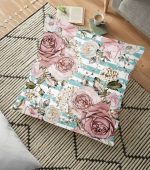 - yerminderi-YER-2478 - Realhomes  Mavi Çizgi Desenli Kavaniçe Çiçek Motifli Yer Minderi - 70 x 70 cm Realhomes