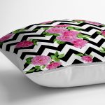 - yerminderi-YER-2517-1 - Realhomes  Zigzag Zebra Temalı Gül Motifli Modern Yer Minderi - 70 x 70 cm Realhomes