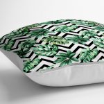 - yerminderi-YER-2538-1 - Realhomes Zigzag Siyah Beyaz Şerit Temalı Yaprak Çizimi Yer Minderi - 70 x 70 cm Realhomes