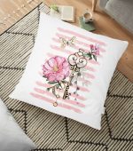 - yerminderi-YER-2572 - Realhomes  Anahtar Motifli Çiçek Desenli Çizgili Yer Minderi - 70 x 70 cm Realhomes