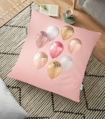 Pembe Zeminli Balonlar Desenli Yer Minderi - 70 x 70 cm Realhomes