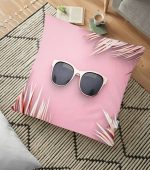 - yerminderi-YER-3015 - Realhomes  Pembe Zeminli Altın Yapraklar ve Gözlük Desenli Dekoratif Yer Minderi - 70 x 70 cm Realhomes