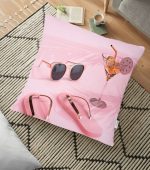 - yerminderi-YER-3016 - Realhomes  Pembe Zeminli Yaz Objeleri Temalı Dekoratif Yer Minderi - 70 x 70 cm Realhomes