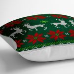 - yerminderi-YER-3033-1 - Realhomes  Yeşil Zeminde Yılbaşı Geyikleri Desenli Dekoratif Yer Minderi - 70 x 70 cm Realhomes