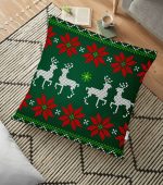 - yerminderi-YER-3033 - Realhomes  Yeşil Zeminde Yılbaşı Geyikleri Desenli Dekoratif Yer Minderi - 70 x 70 cm Realhomes