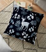 Lacivert Zeminde Geyik ve Yaprak Motifleri Dijital Baskılı Yer Minderi - 70 x 70 cm Realhomes