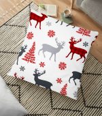 - yerminderi-YER-3047 - Realhomes  Beyaz Zeminde Yılbaşı Motifleri Dijital Baskılı Yer Minderi - 70 x 70 cm Realhomes