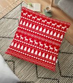 - yerminderi-YER-3049 - Realhomes Kırmızı Zeminde Yılbaşı Motifleri Dijital Baskılı Yer Minderi - 70 x 70 cm Realhomes