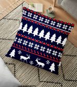 - yerminderi-YER-3061 - Realhomes  Lacivert Zeminli Ağaç ve Geyik Desenli Dekoratif Yer Minderi - 70 x 70 cm Realhomes