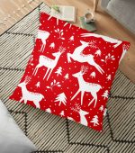 - yerminderi-YER-3062 - Realhomes  Kırmızı Zeminde Geyikler Modern Tasarımlı Dekoratif Yer Minderi - 70 x 70 cm Realhomes