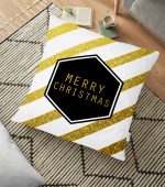 - yerminderi-YER-3065 - Realhomes  Altın Şeritli Merry Christmas Desenli Dekoratif Yer Minderi - 70 x 70 cm Realhomes