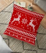 - yerminderi-YER-3074 - Realhomes Kırmızı Zeminde Geyikler Tasarımlı Dekoratif Yer Minderi - 70 x 70 cm Realhomes