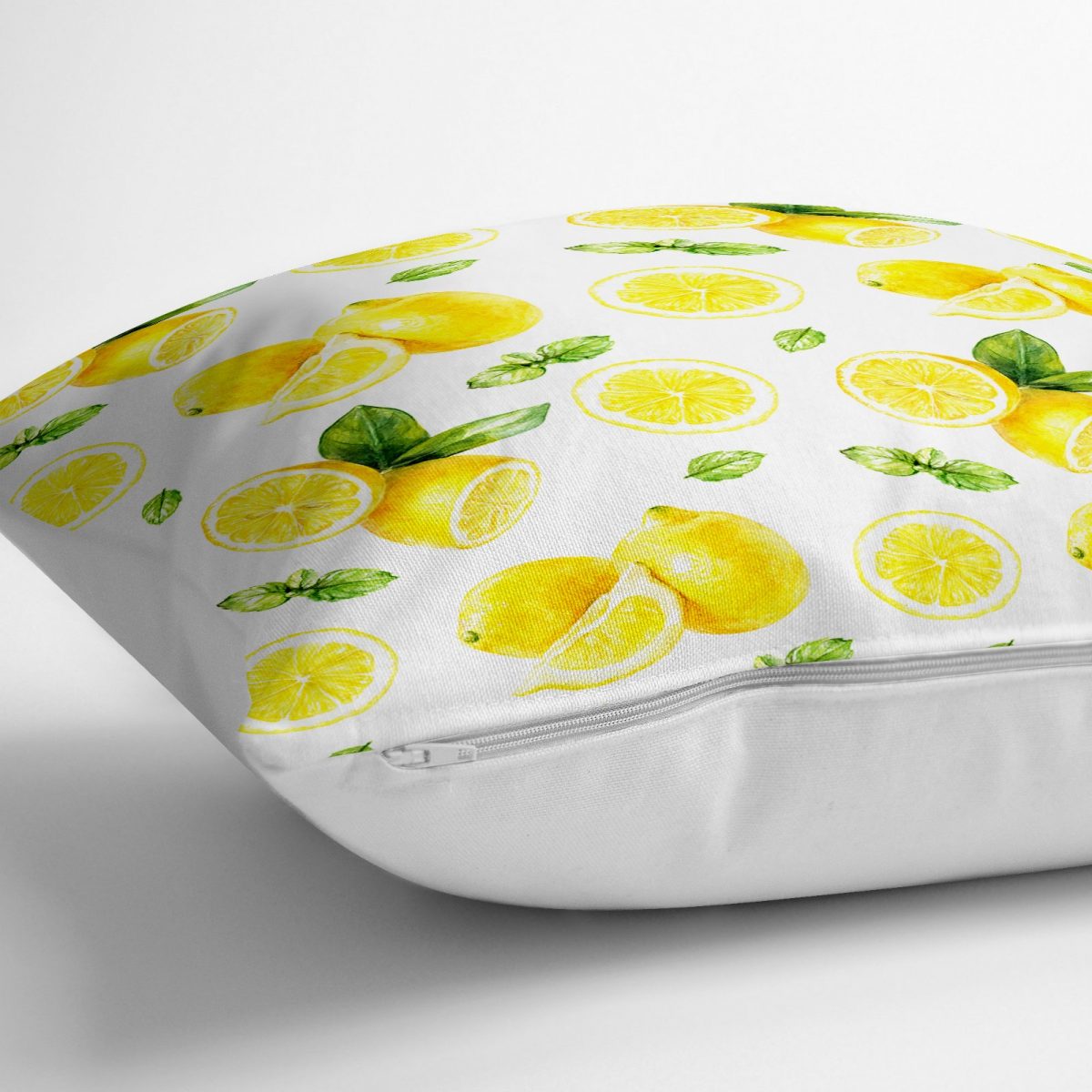 Beyaz Zeminde Limonlar Desenli Dijital Baskılı Yer Minderi - 70 x 70 cm Realhomes