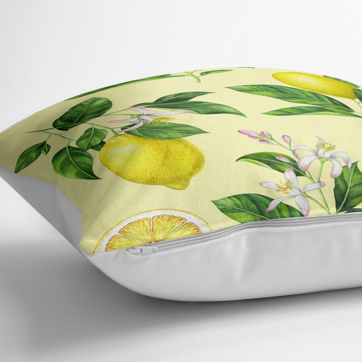 Krem Zeminli Limon Desenli Dekoratif Yer Minderi - 70 x 70 cm Realhomes