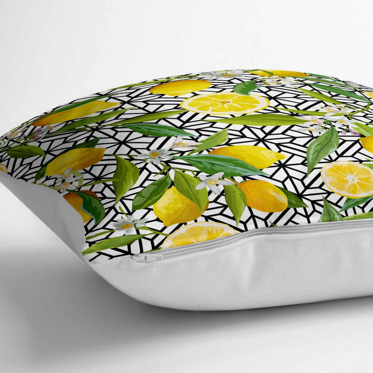 Geometrik ve Limon Desenli 3D Dijital Baskılı Yer Minderi - 70 x 70 cm Realhomes