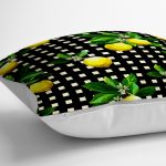 - yerminderi-YER-3107-1 - Realhomes Siyah Zeminde Ekose Desenli Limon Baskılı Dekoratif Yer Minderi - 70 x 70 cm Realhomes