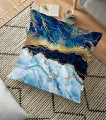 - yerminderi-YER-3126 - Realhomes  Altın Varaklı Mavi Zeminli Modern Yer Minderi - 70 x 70 cm Realhomes