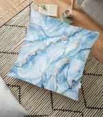 - yerminderi-YER-3129 - Realhomes  Mavi Renkli Mermer Desenli Dijital Baskılı Yer Minderi - 70 x 70 cm Realhomes