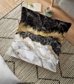 Modern Siyah Beyaz Altın Mermer Motifli Dijital Baskılı Yer Minderi - 70 x 70 cm Realhomes